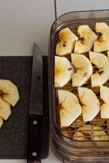 A compact food dehydrator filled with fresh fruit slices on a bright kitchen counter.