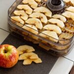 A modern digital food dehydrator sits on a kitchen counter filled with sliced fruit.